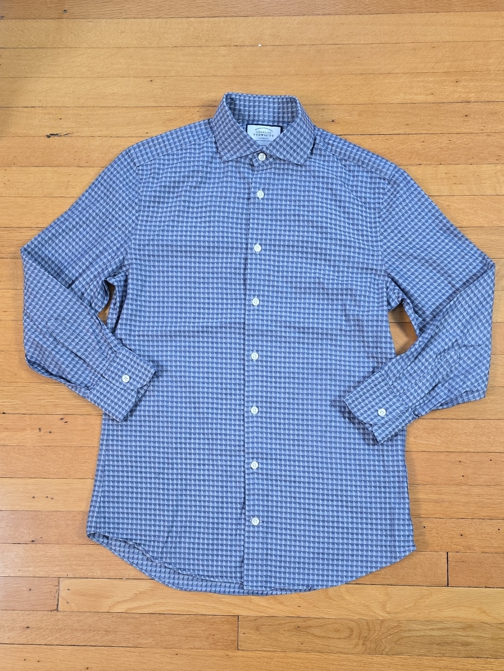 Charles Tyrwhitt, Geometric Puppytooth Dress Shirt, Slate Blue, EUC, Men's 15/32